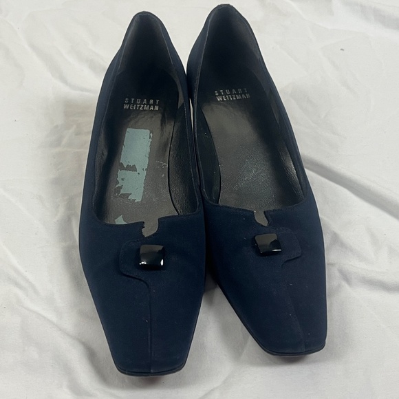 Stuart Weitzman Women Kitten Heel Square Toe Sz 8.5 Navy Blue Office Work - Picture 2 of 6